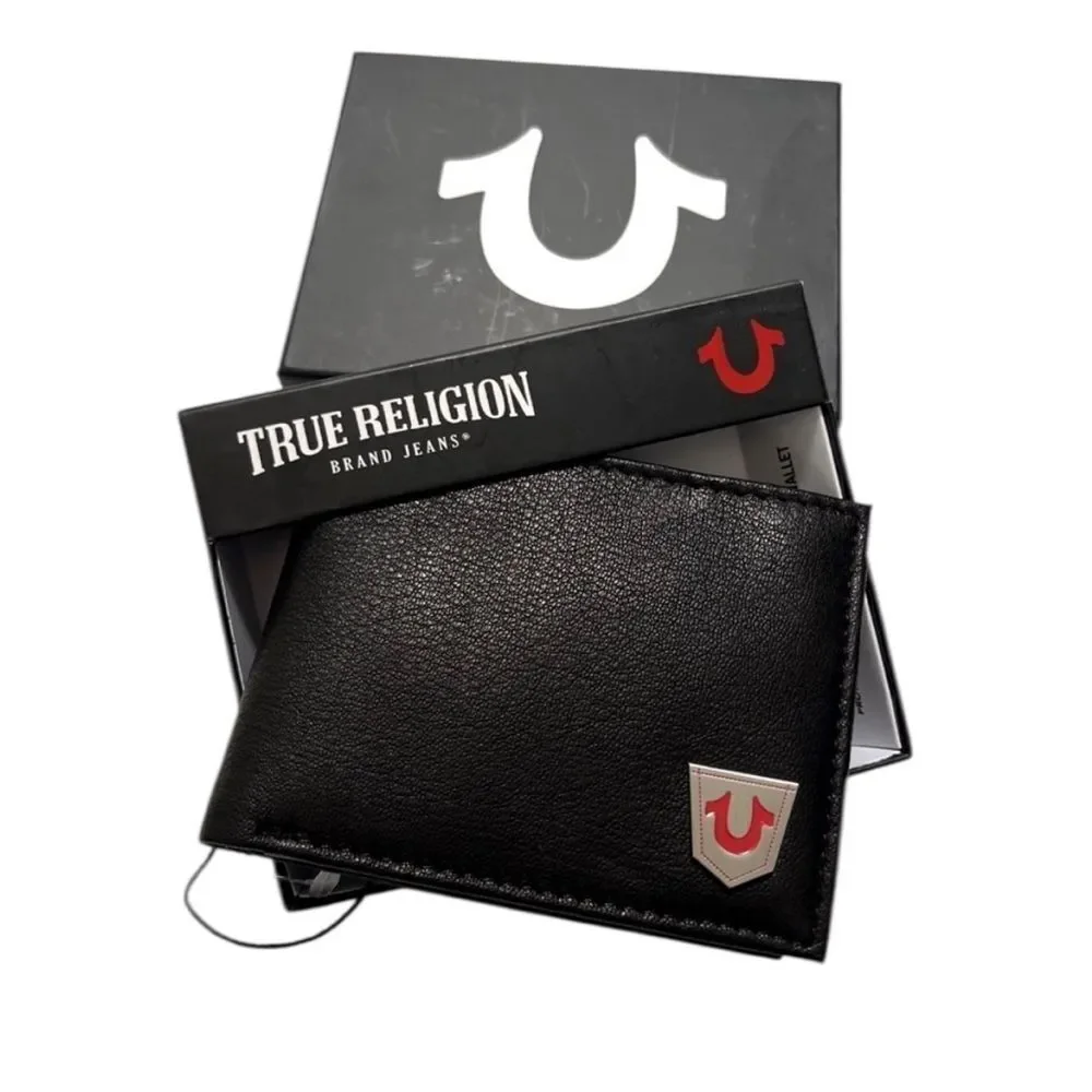 New TRUE RELIGION Slim Bifold Wallet Leather Logo Black Boxed ID Horner RFID‎ X